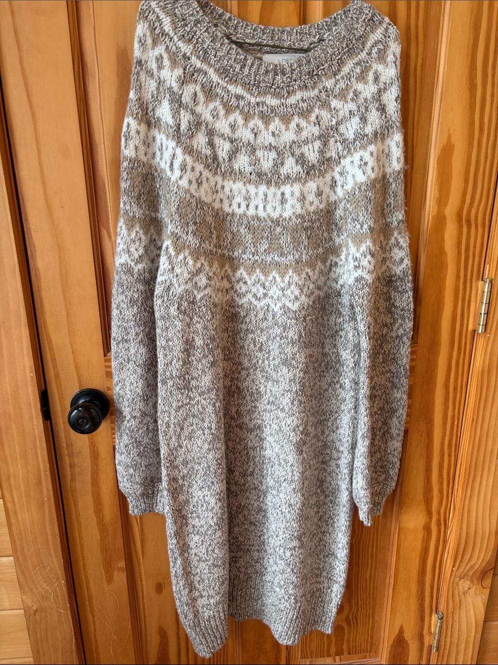 LOFT Fair Isle Crewneck Sweater Dress in Gray and White - Size Large